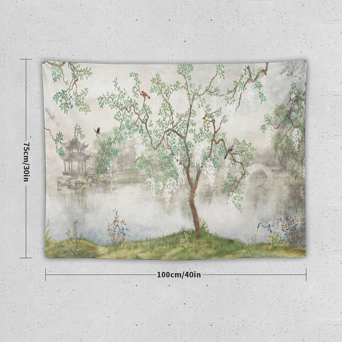 HZOHNAGO Japanese Tapestry Tree Misty Garden Lake Printed Wall Tapestry Ink Painting Wall Hanging for Bedroom Living Room Dorm 40" W x 30" H
