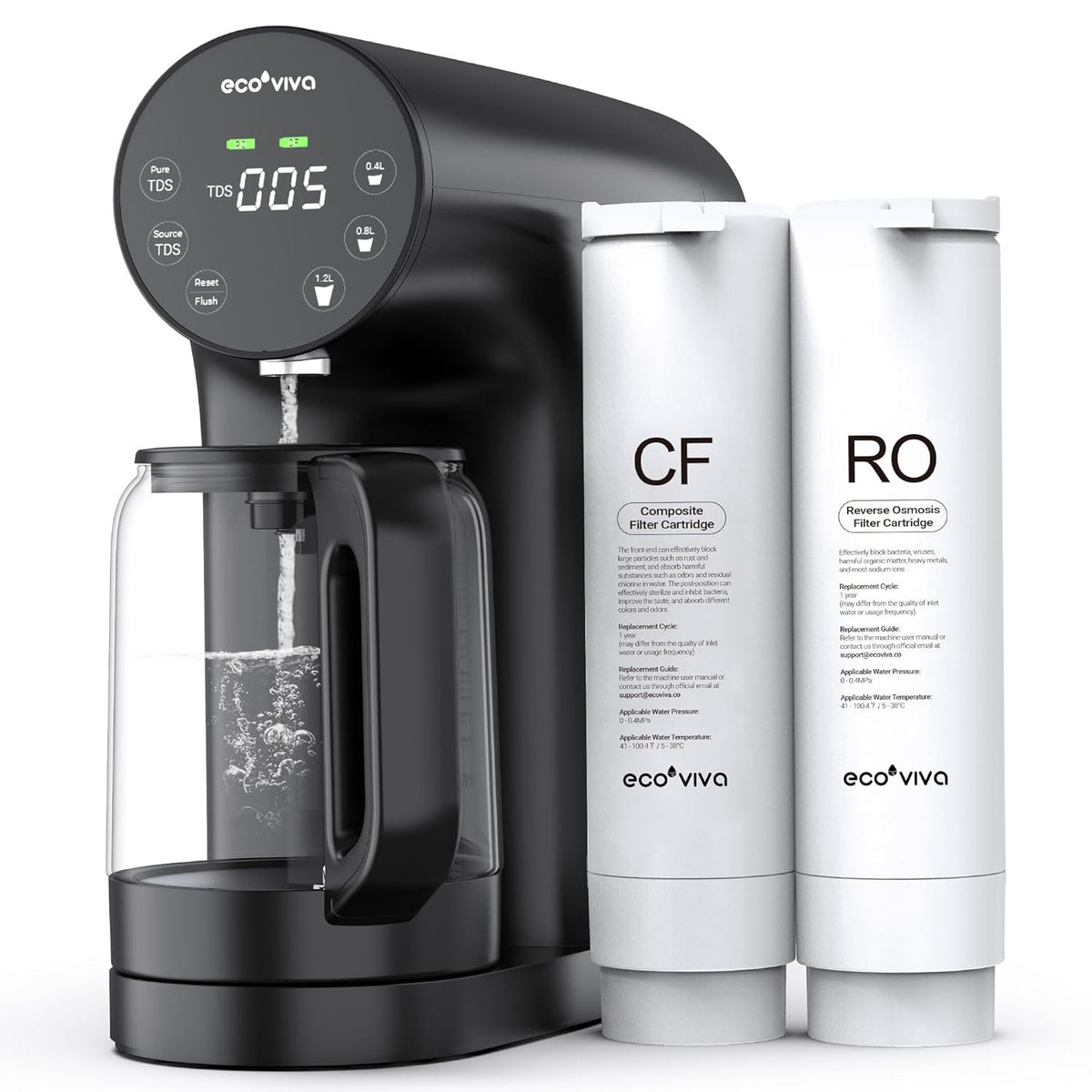 Ecoviva Countertop Reverse Osmosis System RO Water Filter, 5-Stage Filtration, Real-time TDS Monitor, 3:1 Pure to Drain, No Installation Portable Water Purifier-Black