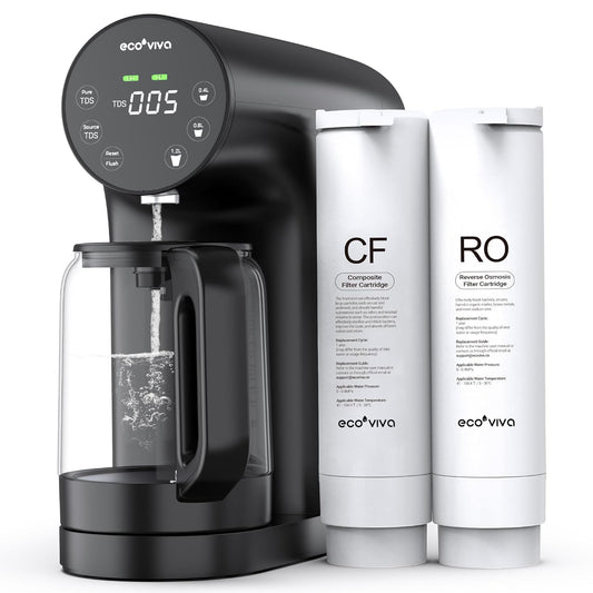 Ecoviva Countertop Reverse Osmosis System RO Water Filter, 5-Stage Filtration, Real-time TDS Monitor, 3:1 Pure to Drain, No Installation Portable Water Purifier-Black
