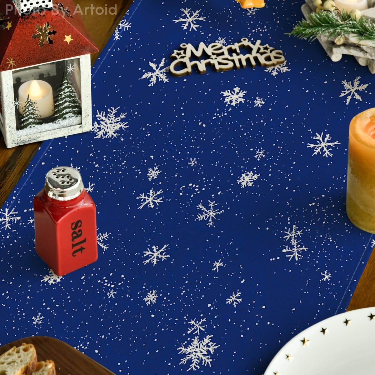 Artoid Mode Snowman Birds Trees Christmas Table Runner, Seasonal Blue Winter Holiday Kitchen Dining Table Decoration for Home Party Decor 13 x 60 Inch