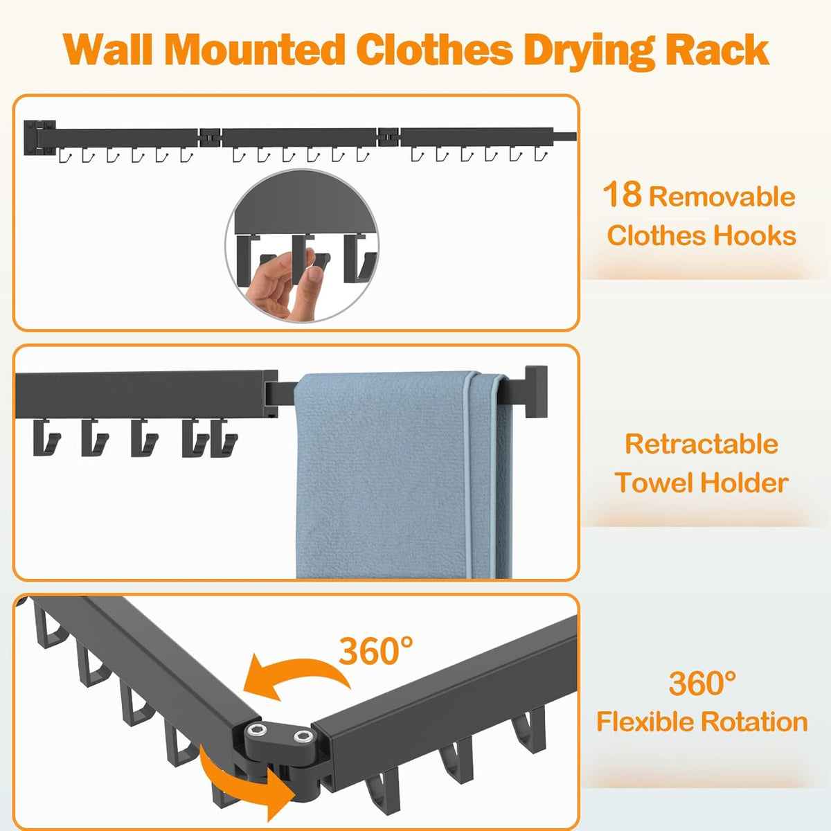 Wall Mount Clothes Drying Rack, 2-Fold Foldable & Sturdy Laundry Drying Rack Wall Mounted, [No Drilling] Space Saver for Laundry, Balcony, Bathroom, Patio, Dormitory, Apartment-Black