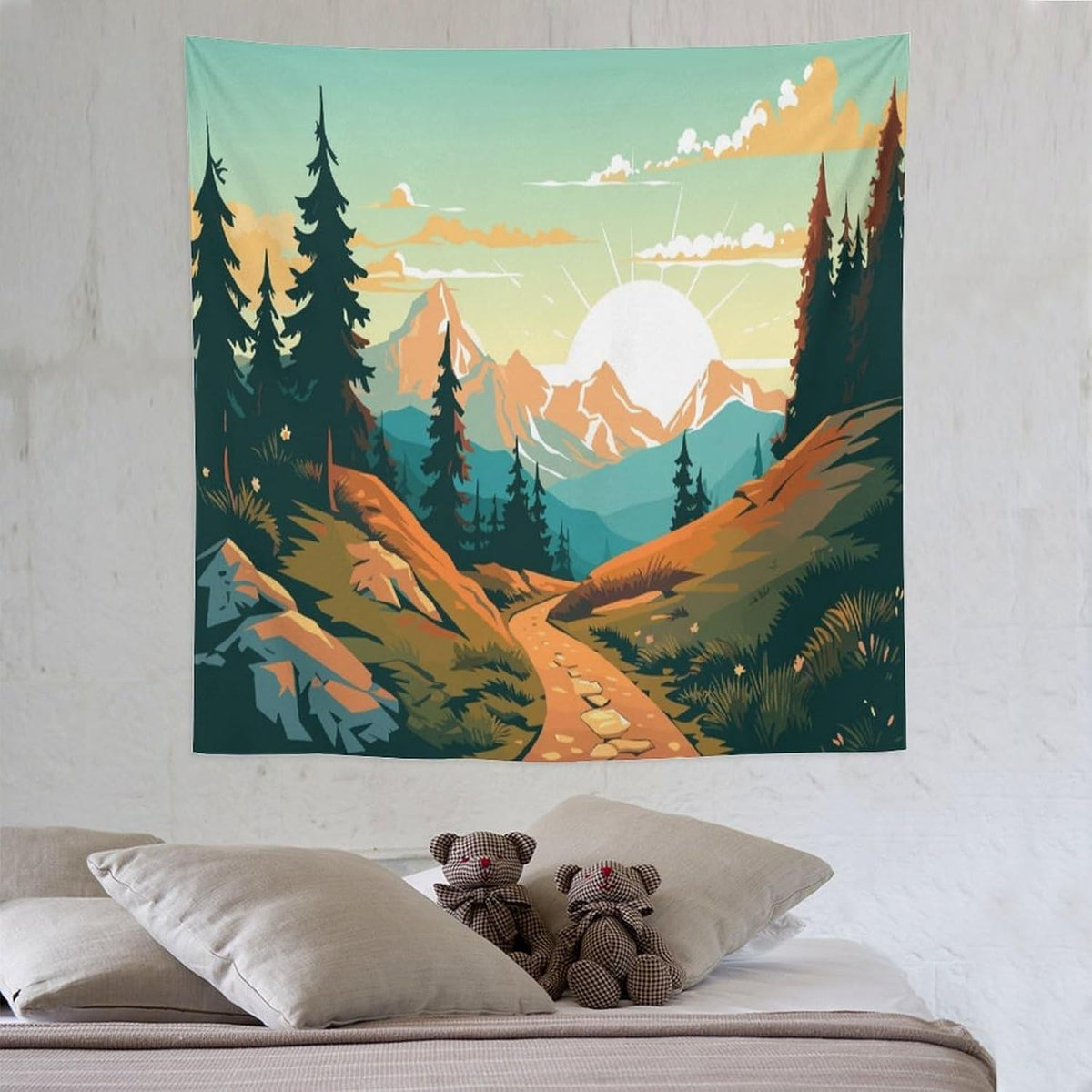 HZOHNAGO Mountain Tapestry Forest Mountain Sunrise Road Pattern Printed Wall Tapestry Wall Hanging for Bedroom Living Room Dorm 60" W x 60" H