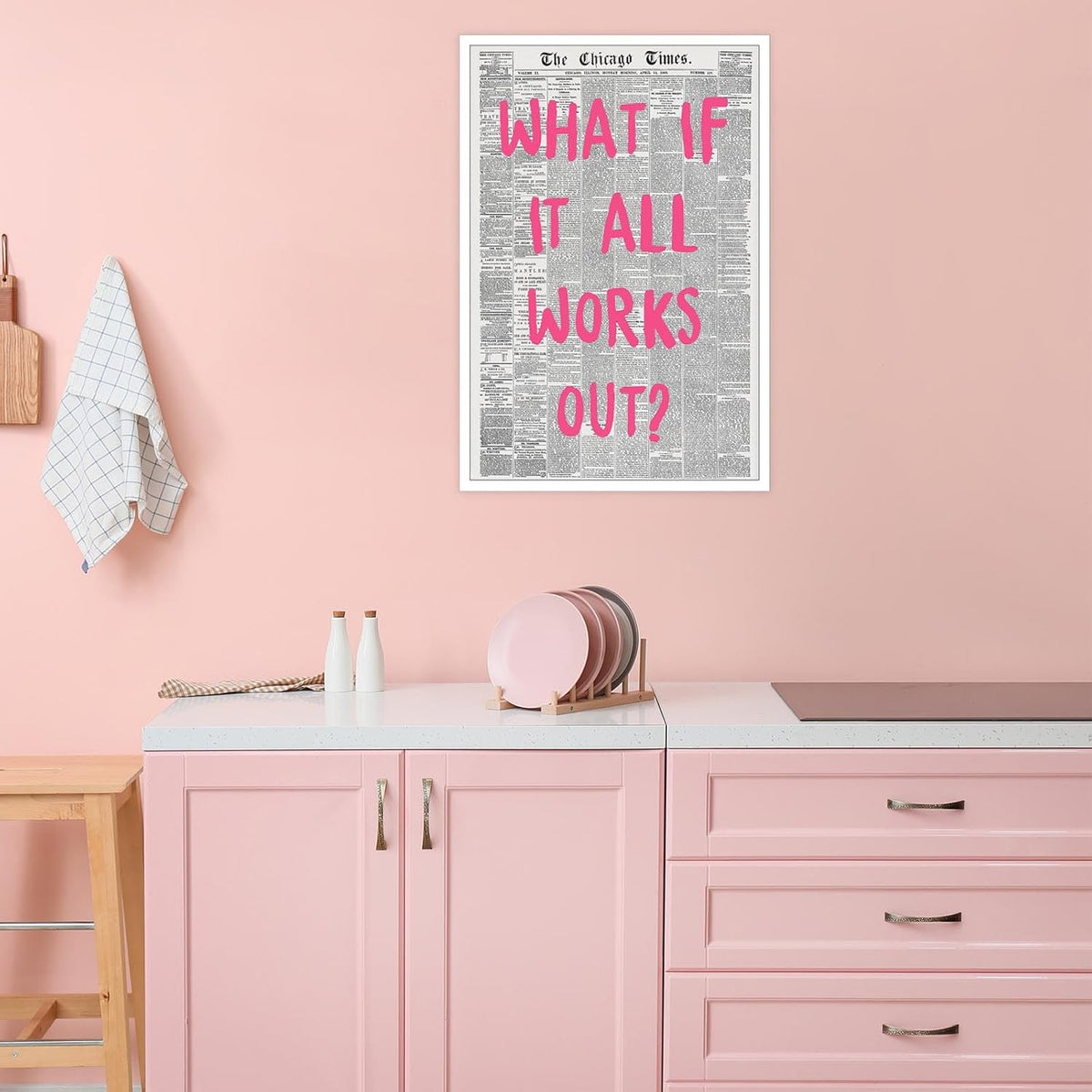 Liyark Retro Trendy Newspaper Canvas Wall Art - 'What If All Works Out' Positive Affirmation Quote - Pink Font - Minimalist Home Decor - 12x16in Unframed