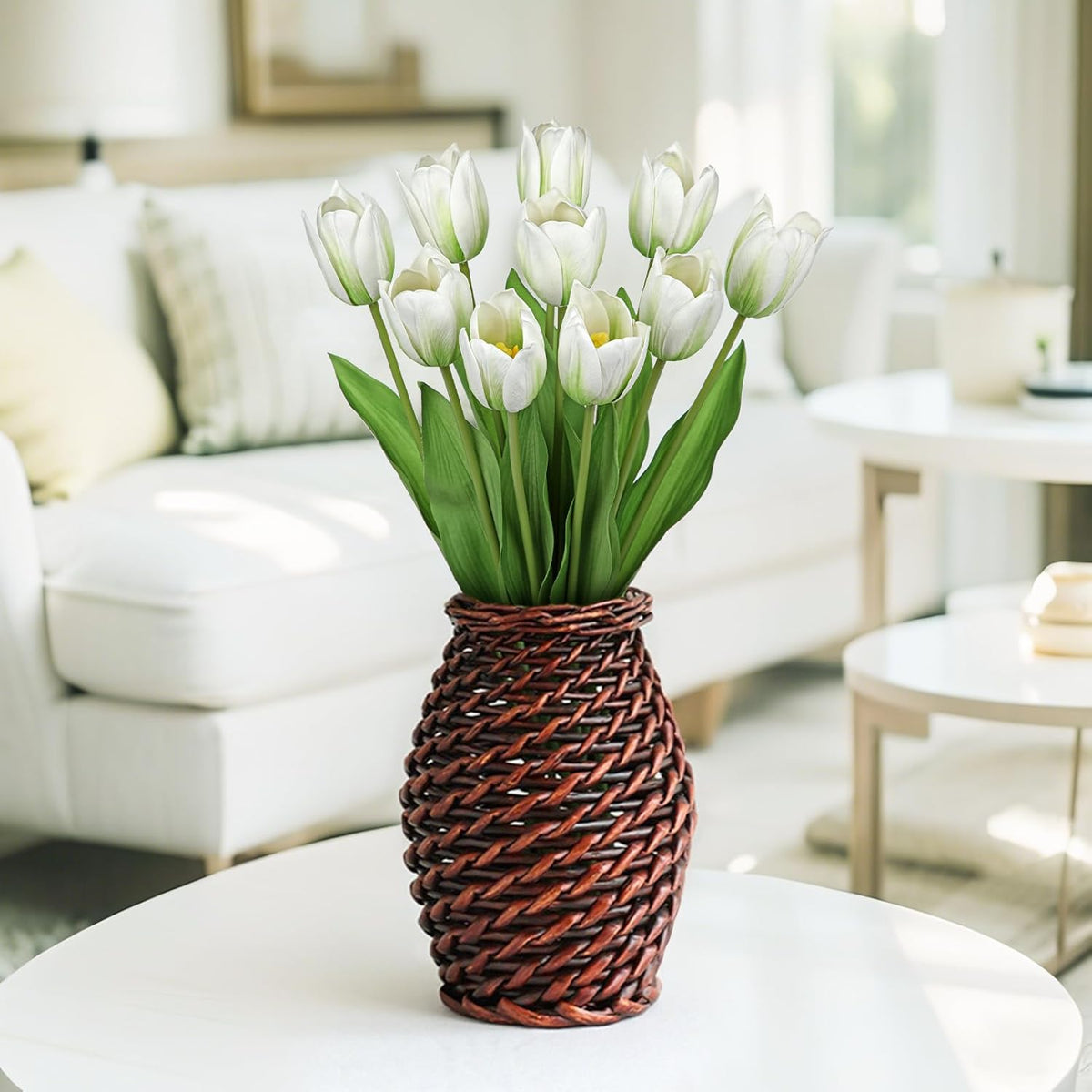 Artificial Tulips Flowers – 20" Long Stem Faux Tulips, 10PCS Real Touch Fake White Tulip for Vase, Farmhouse, Kitchen, Spring & Wedding Home Decor