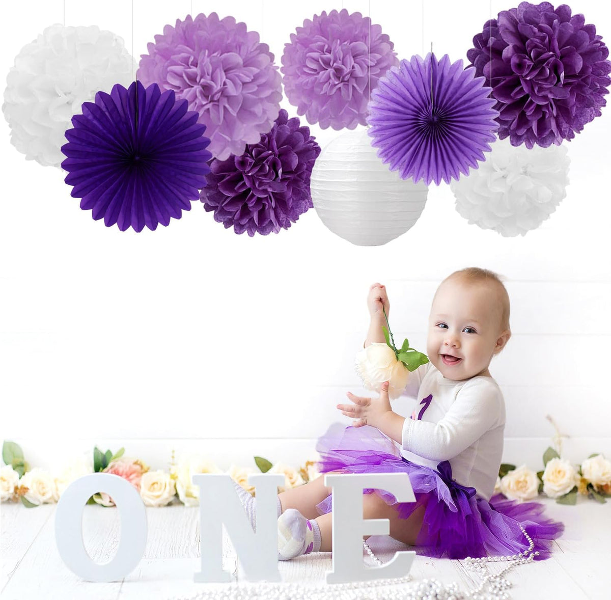 Purple White Birthday Party-Decorations Paper-Flowers - 14pcs Happy Banner Lavender Lanterns Tissue Pom Poms,Lilac Streamers Garland Fans,Women Girls Adult Kids Office Hanging Supplies Decor Hugfond