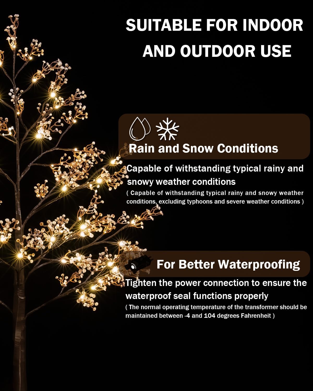 4ft Lighted Baby's Breath Tree with 64 Warm White LED Lights for Holiday Decor - Dimmable, UL Certified, Waterproof - Ideal for Indoor and Outdoor Decoration