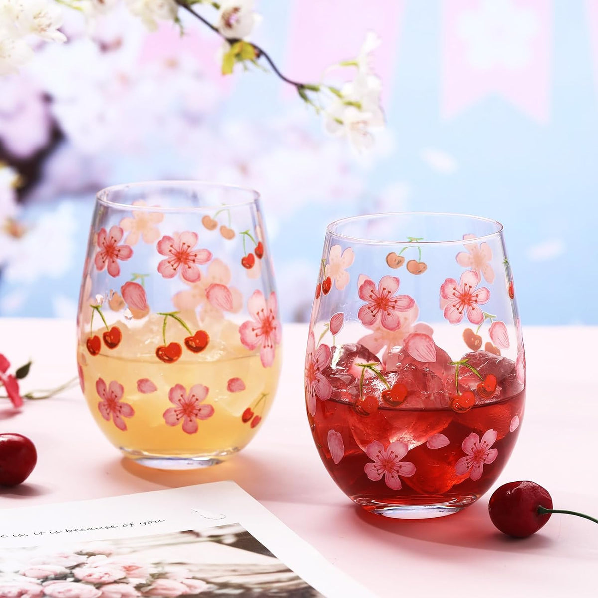 Sliner 2 Pack 17oz Cherry and Flower Stemless Wine Glasses Cherry Blossom Drinking Glasses Floral Tumbler Cups for Women Birthday Anniversary Gift Parties Supplies