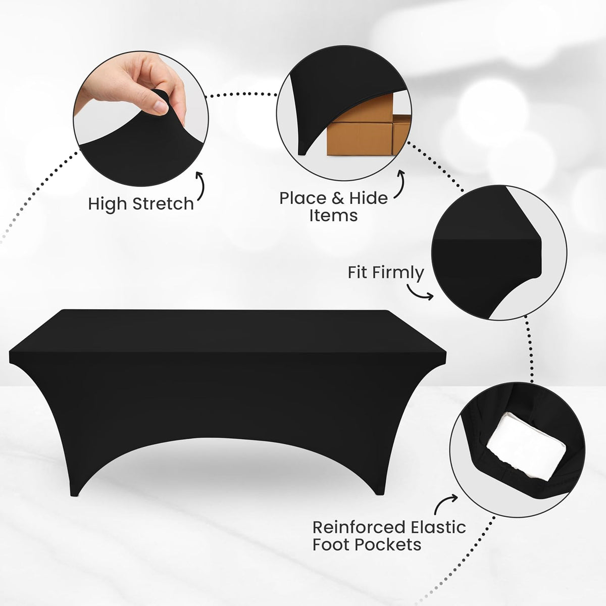 Utopia Kitchen 8FT Spandex Tablecloth [10 Pack, Black] 200 GSM Stretch, Fitted, Washable and Wrinkle Resistant Table Cloth Rectangle Cover for Trade Shows, Wedding, Parties [96Lx30Wx30H Inch]