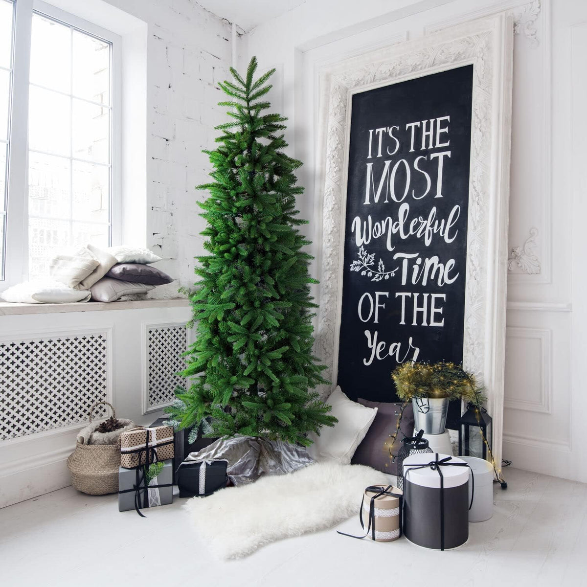 Fraser Hill Farm 9-Feet Unlit Carmel Pine Slim Green Artificial Christmas Tree, Realistic Foliage, Foldable for Easy Storage, Stand Included, Holiday Decor for Home, Office