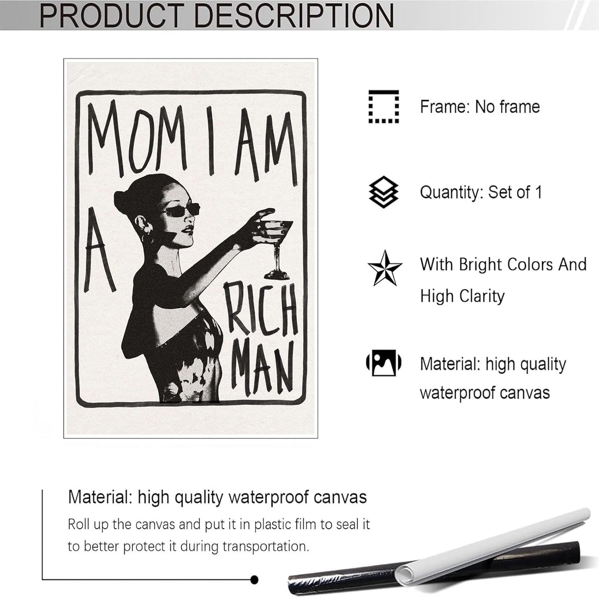 Liyark Mom I Am A Rich Man Aesthetic Retro Music Goblet Poster Feminist canvas Wall Art Vintage Bar Cart Wall Decor Preppy Dorm Decor Unique Wall Art prints painting 24x36in Unframed