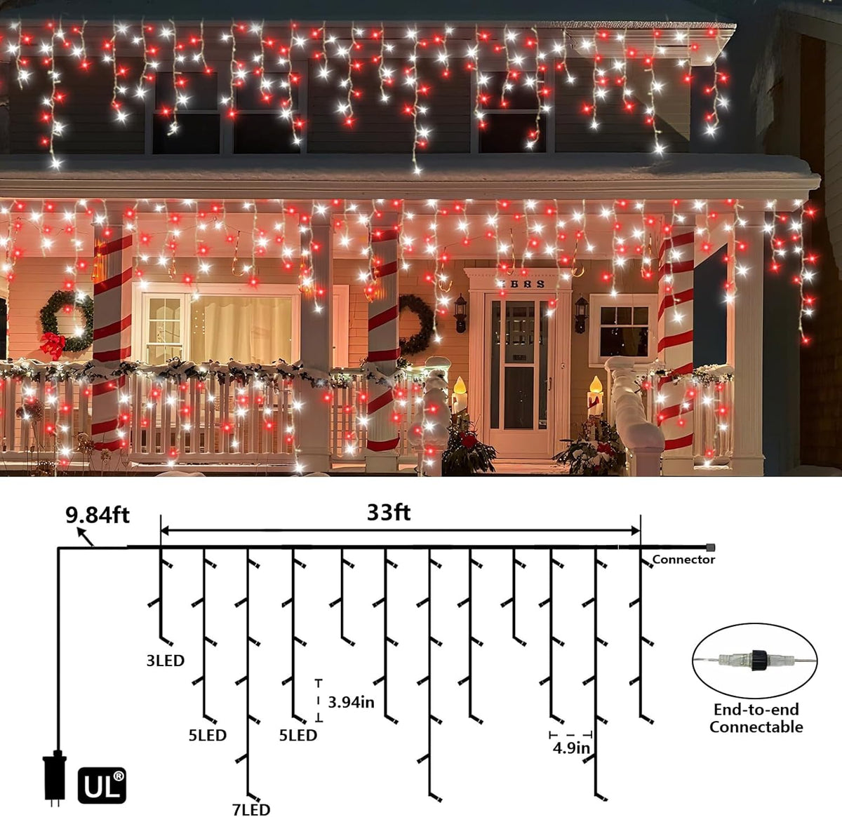 QITONG 400 LED Icicle Lights Red and White