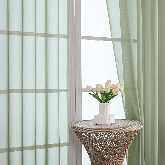 Sheer Curtains 84 Inches Long 2 Panels Set, Sage Green Sheer Curtain - Image 2