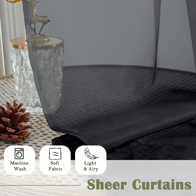 Black Sheer Curtains 96 Inches Long 2 Panels, Solid Airy Voile Dual Rod Pocket - Image 7