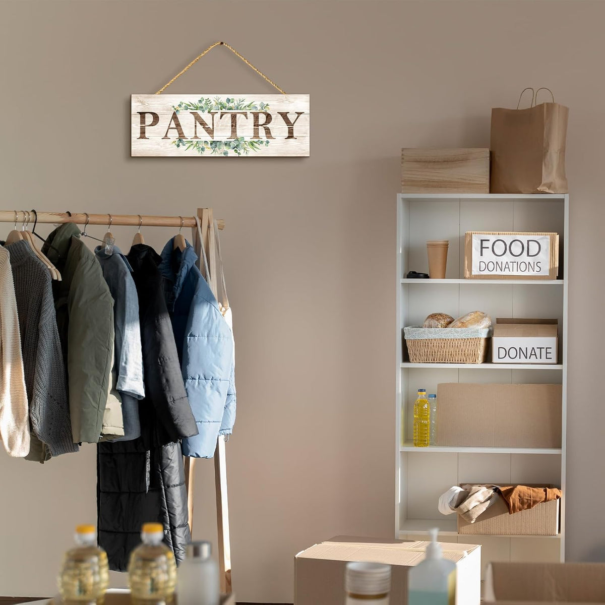 Pantry Sign Wall Decor, Pantry Wall Art with Plant Print, Rustic Farmhouse Wall Hanging Plaque Home Kitchen Decorative Pantry, 4.7 x 13.7 inches