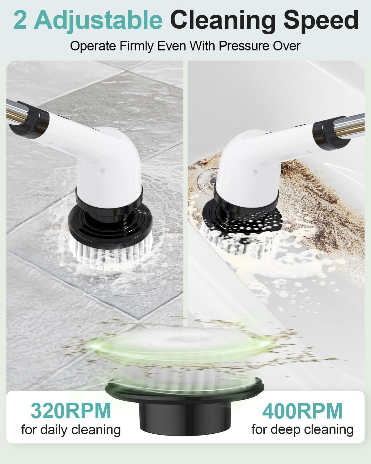 Electric Spin Scrubber, Cordless Shower Scrubber Rotary Floor Brushes & Pad Drivers with 9 Brush Heads - 2H Dual Speed, IPX7 Waterproof Extension Handle for Bathroom Tile Car Cleaning, Whtie-Q