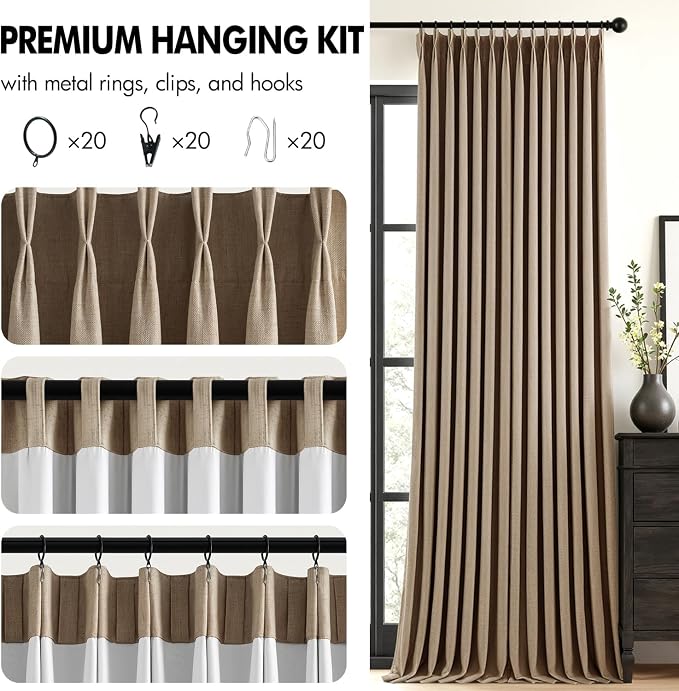 MIULEE Cafe Brown Pinch Pleated 100% Blackout Linen Curtains 40x108 Inches | - Image 8