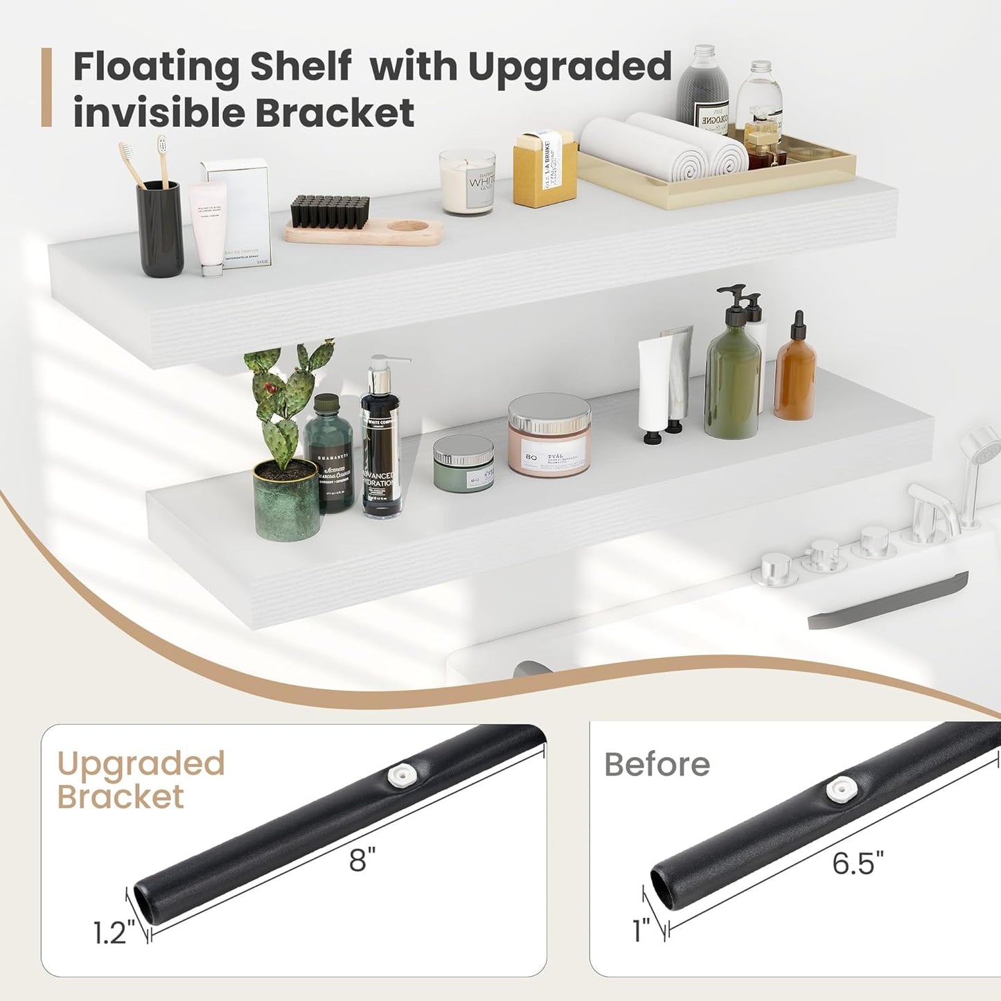 Heimlove 12" Deep Floating Shelves, 36 x 12 Inch Wall Mounted Long Floating Shelf with Invisible Brackets, for Home Decor, Bedroom, Kitchen, Living Room, Bathroom - 2 Pack, White