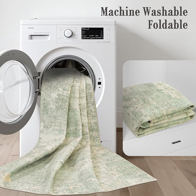 2.6x10 Washable Runner Rug:Modern Abstract Soft Carpet Green Cream | - Image 6