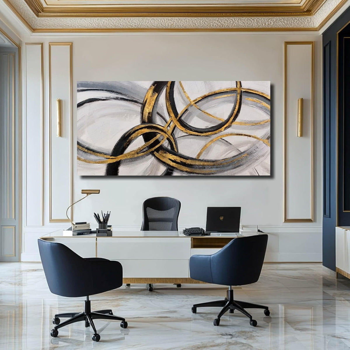 SOUGUAN Living Room Decor for Wall Abstract Wall Art 30x60in Black and Gold Wall Art Round Ring Wall Decoration for Bedroom Dining Room Home Office Ready to Hang