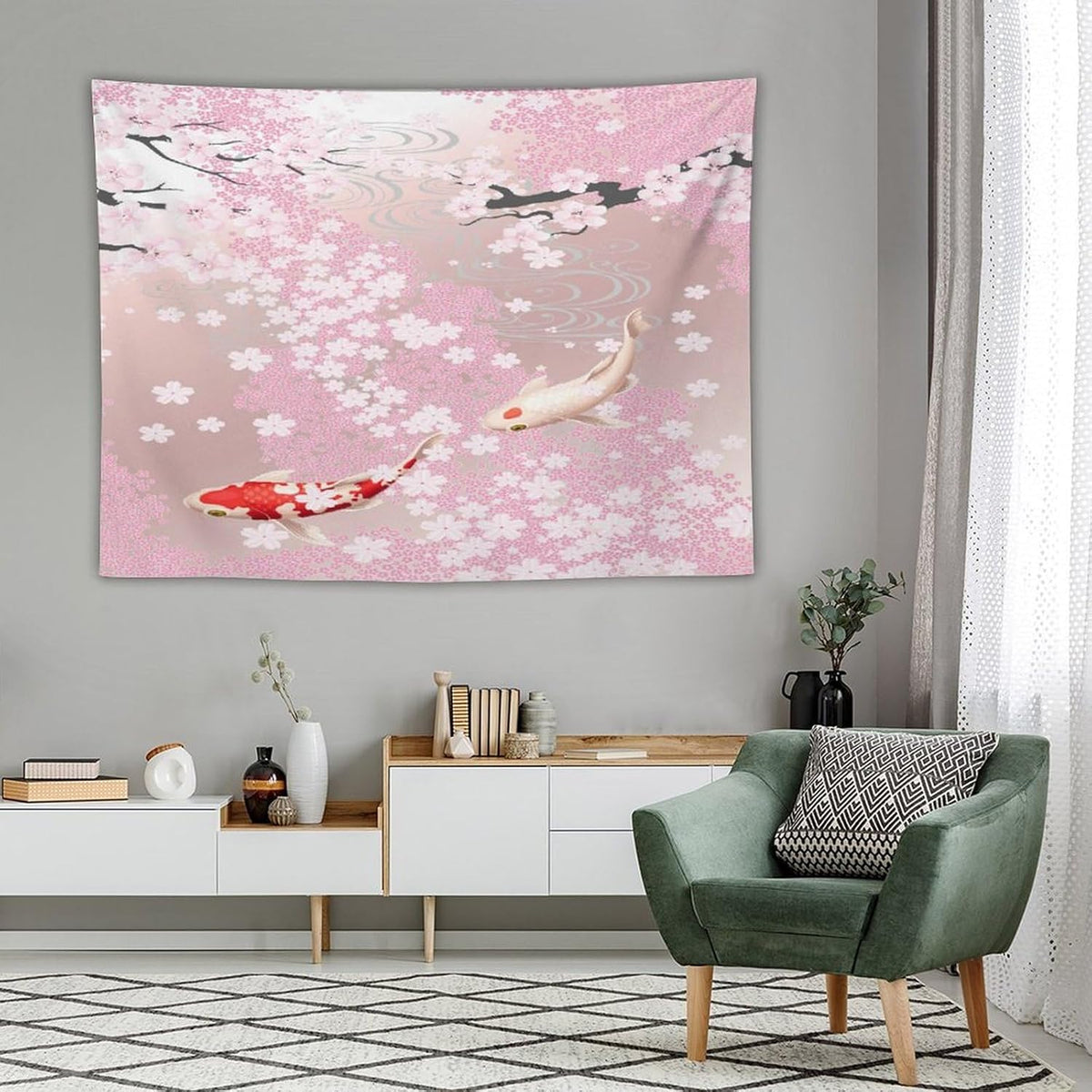 Houselerax Japanese Koi Fish Tapestry, Cherry Blossoms Asian Oriental Pink Flower Branch Koi Fish Carp Tapestries Wall Hanging for Bedroom Living Room Office Decor 80"x60"