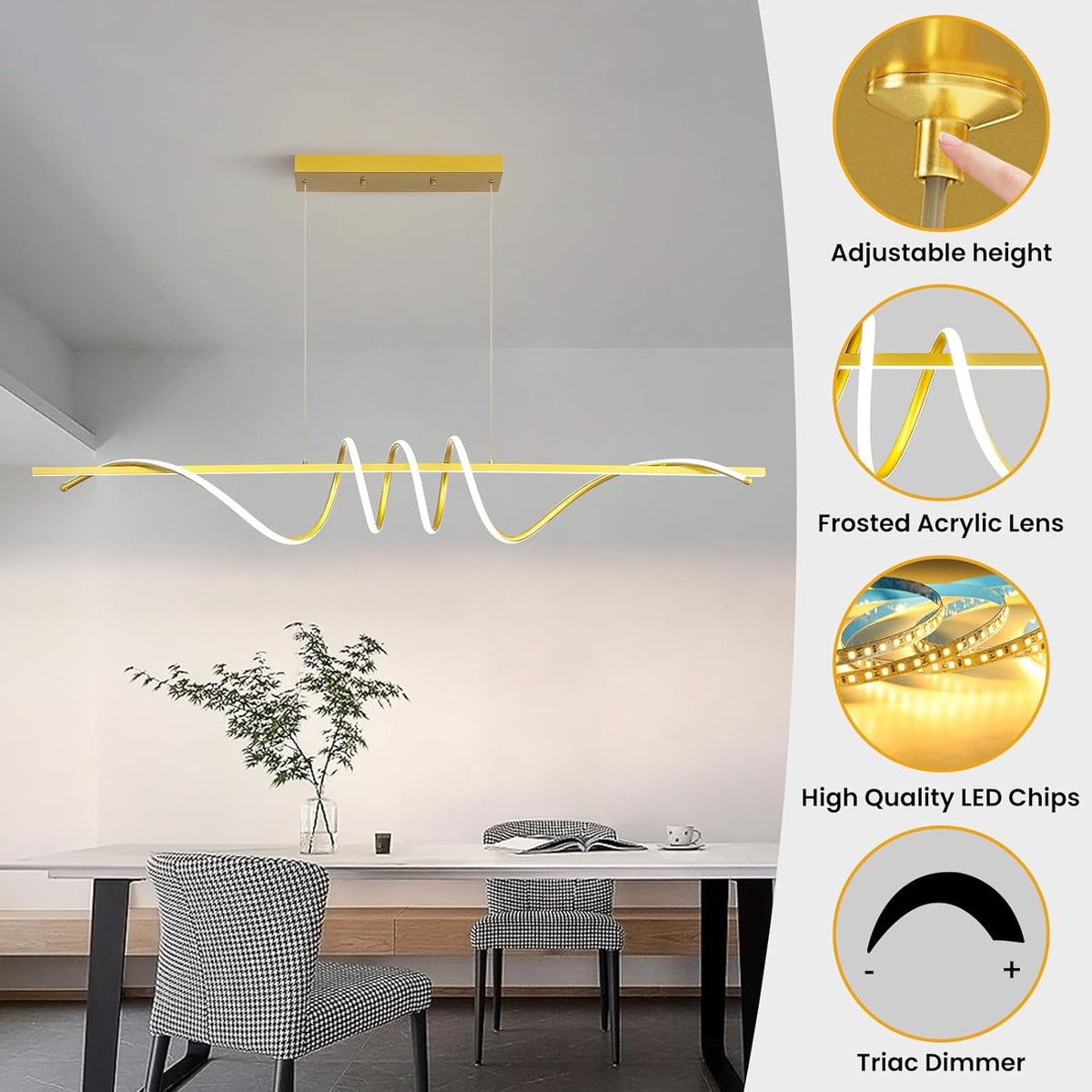 Modern Design Dimmable Desk Linear Pendant Light, with Remote Control Dimmable 3 Color Mode & Brightness Ceiling Lamp, Anti-Flicker Dining Light Fixture for Kitchen, Dining Room (Gold, 57IN)