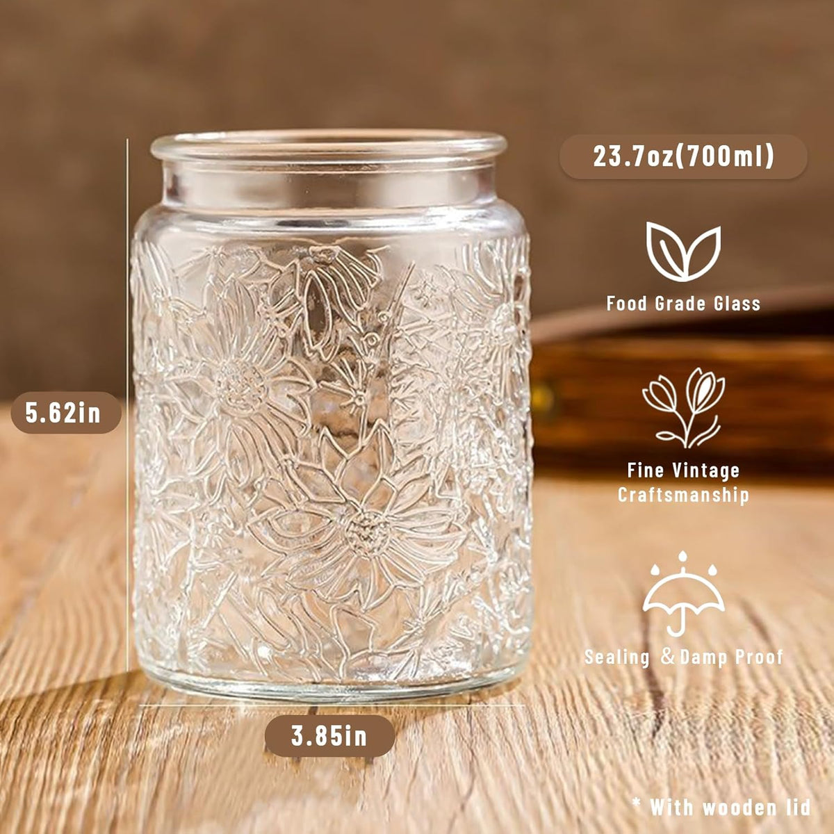 Vintage Glass Jars with Wooden Lids, 6 Pack 24 oz Airtight Glass Food Storage Containers Sets for the Kitchen, Sugar Coffee Candy Spice Cookie Tea Pasta