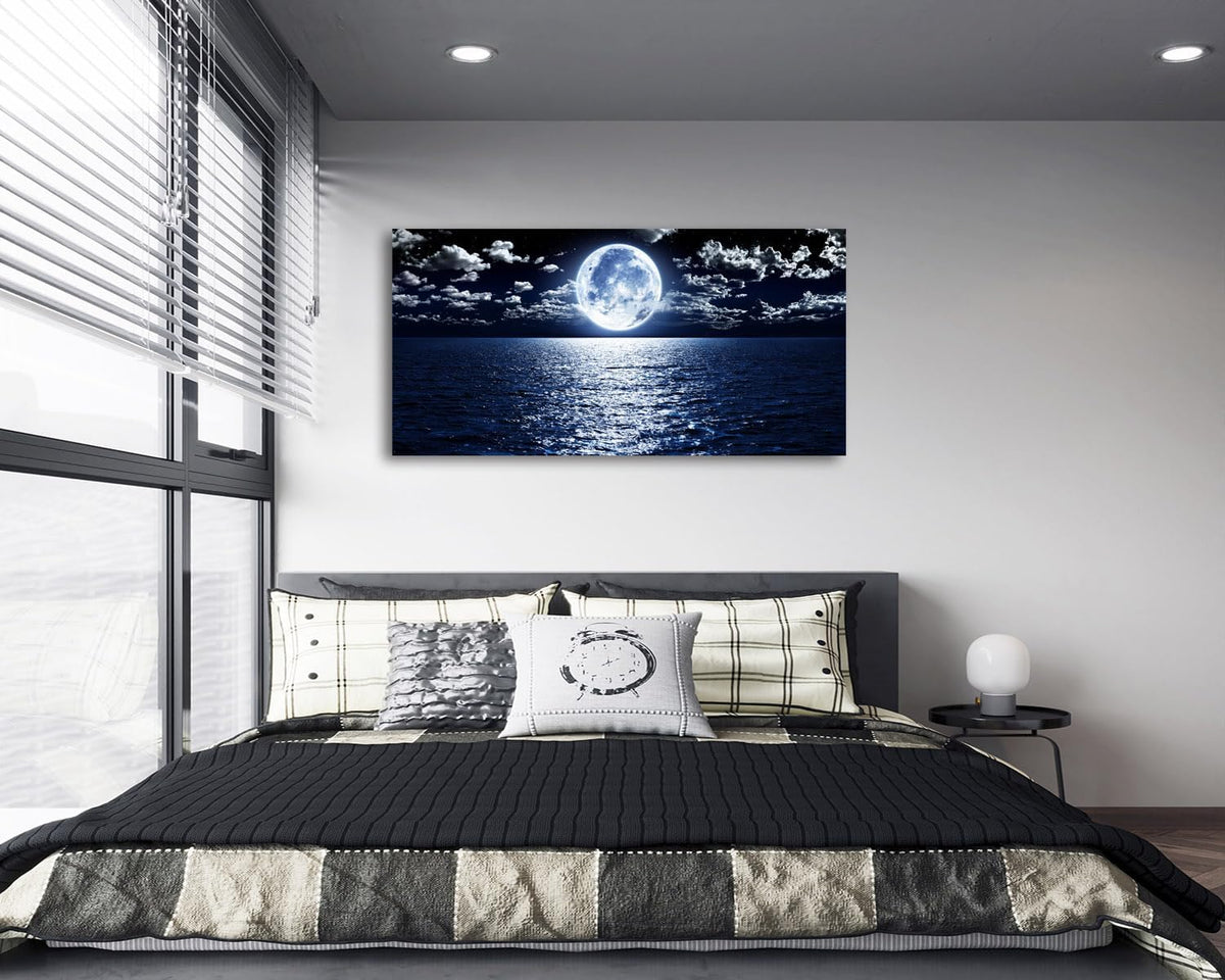 Cao Gen Decor Art S06962 Wall Art Canvas Prints Moon Sea Ocean Landscape 1 Panels Full Moon in Cloud Pictures Paintings Stretched and Framed for Living Room Bedroom Kicthen Office Artwork 24x48inch