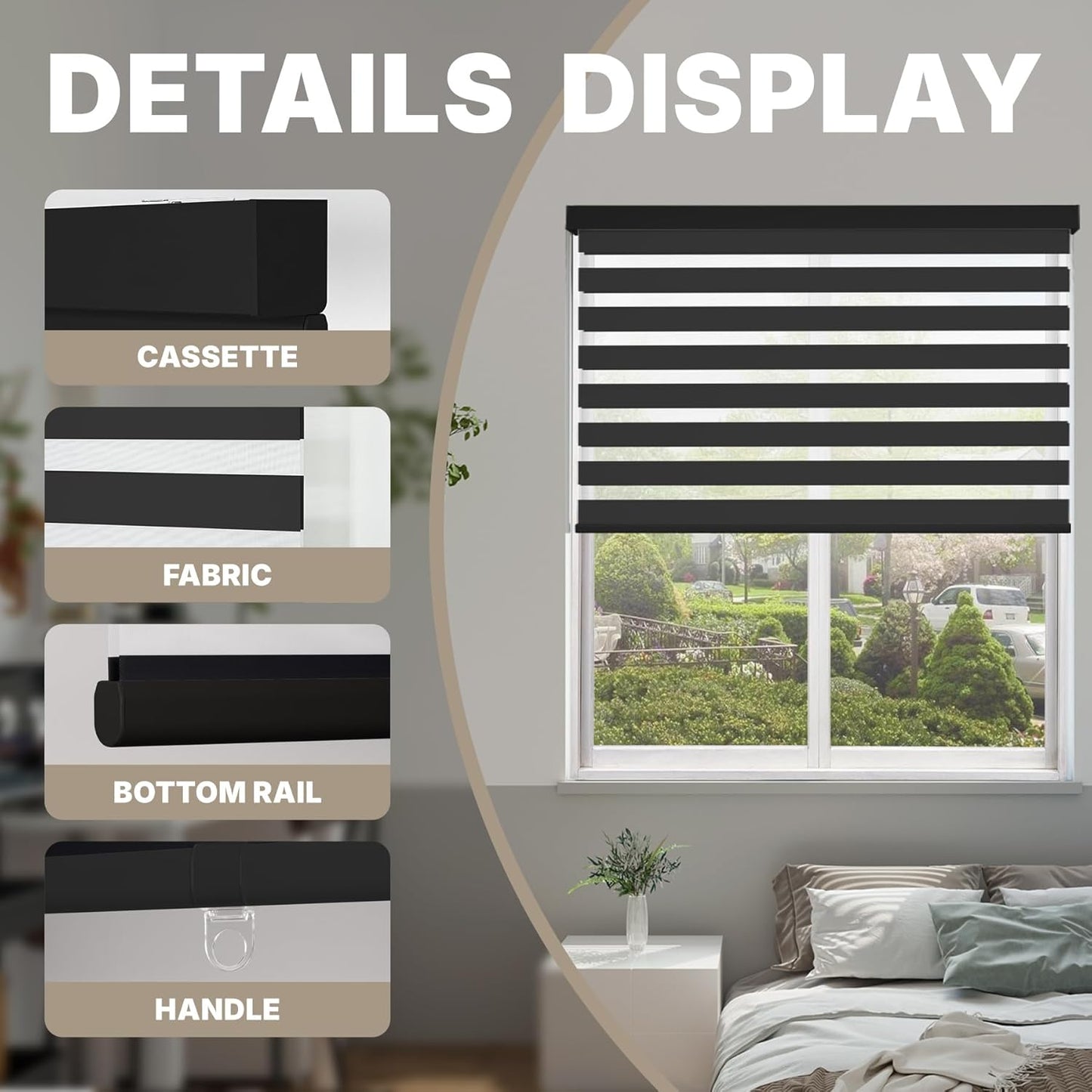 HESTIA Cordless Zebra Blinds Light Filtering Roller Shades UV Blocking Blackout Privacy Indoor Window Shades for Home Office Day and Night, Black,46" W x 60" H