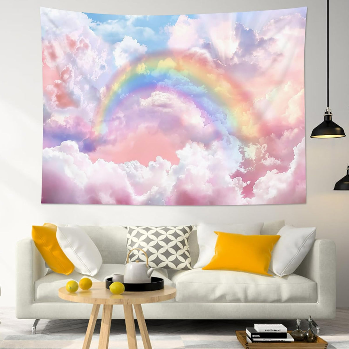 HVEST Rainbow Cloud Tapestry Wall Hanging, Rainbow and Pink Cloud with Glow Sunshine in Pastel Sky Tapestry, Aesthetic Nature Landscape Tapestry for Living Room Bedroom Aesthetic Decor, 36L x 48W Inches