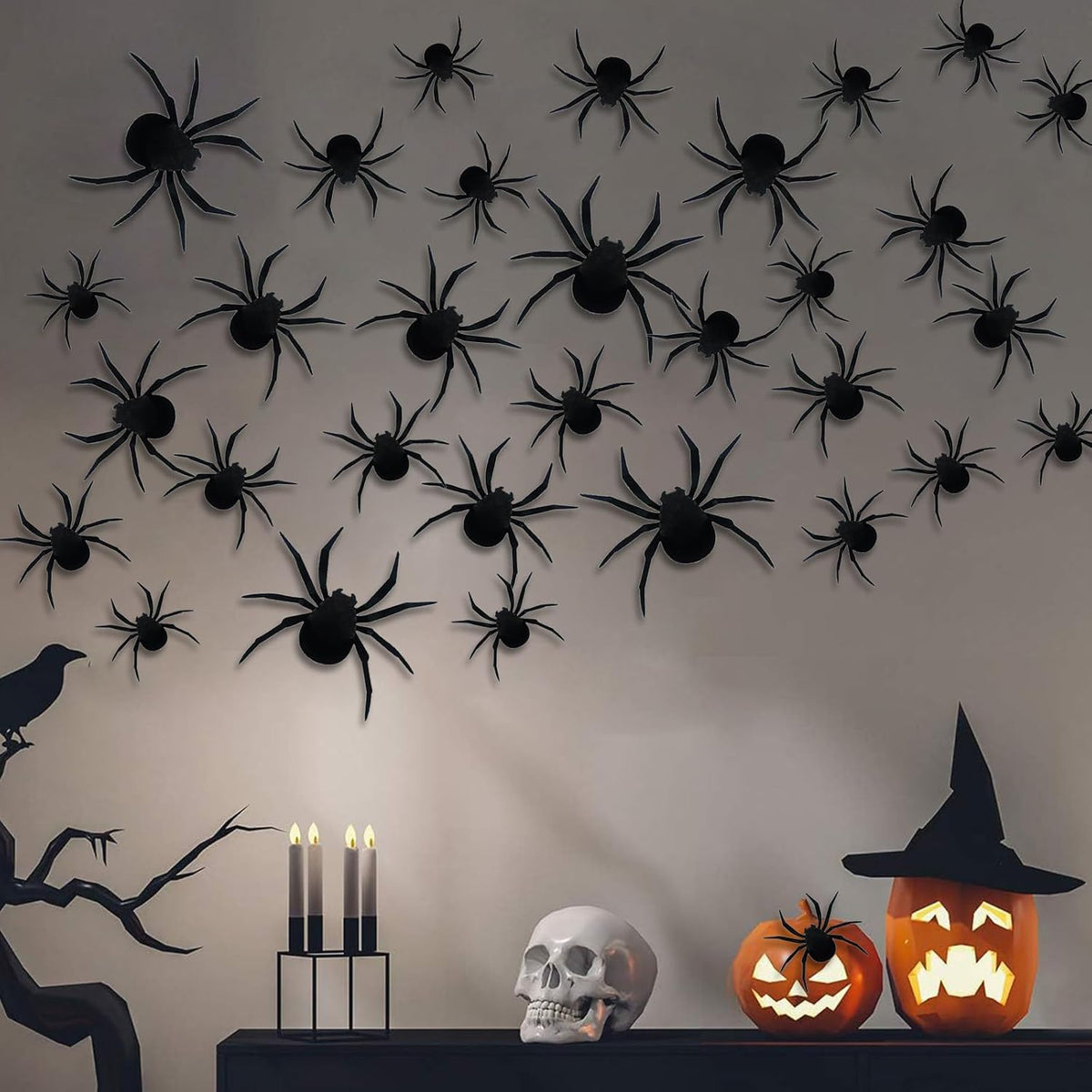 210 Pcs Halloween Spider Decorations Indoor, 4 Sizes 3D Plastic Spider Stickers Halloween Party Supplies Decorations for Home Wall Stickers Decor - Indoor Outdoor Room Window Décor