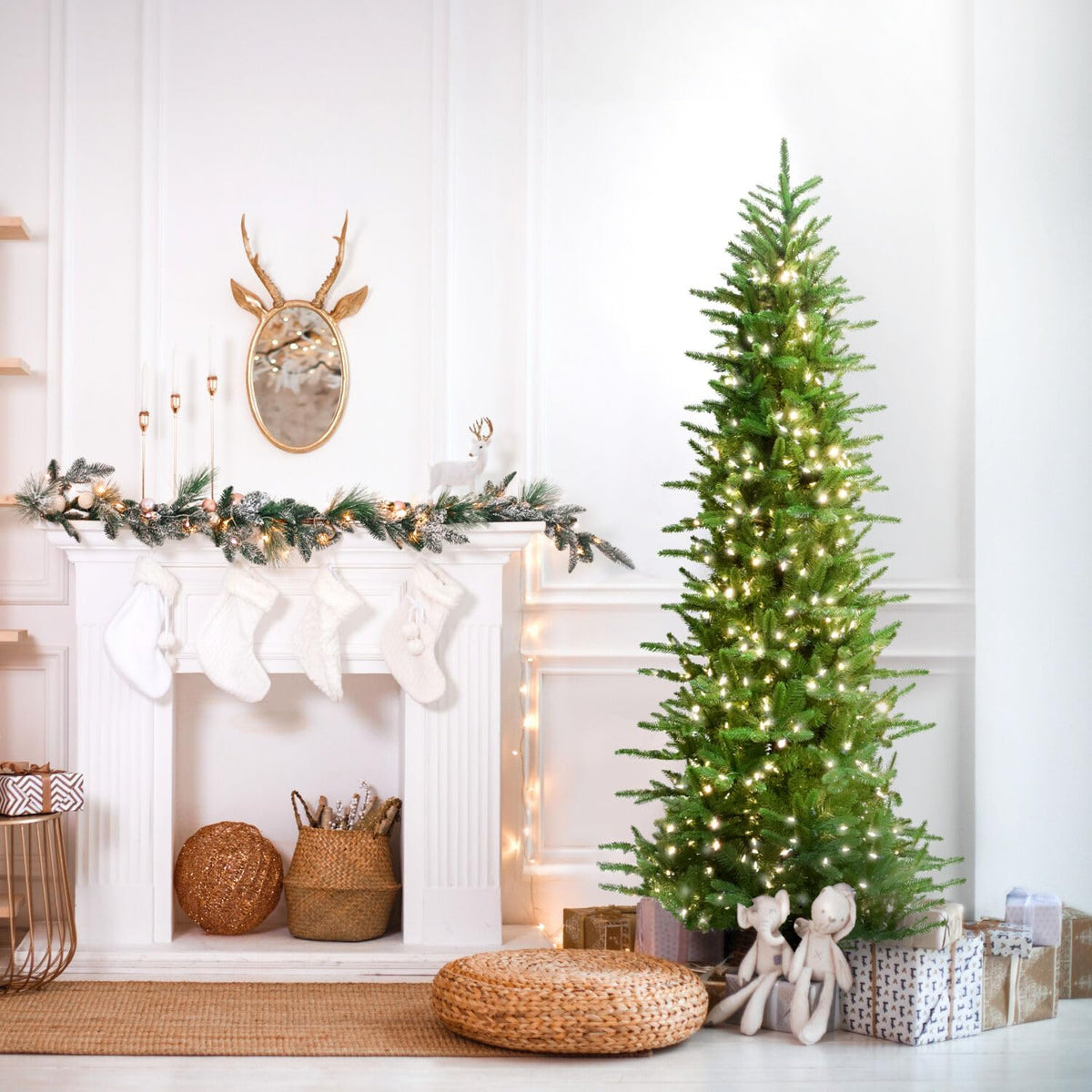 Fraser Hill Farm 7.5-Ft. Carmel Pine Slim Artificial Christmas Tree with White Incandescent Smart Lights and Stand, Prelit Foldable Fake Tree with Realistic Foliage for Home Decoration