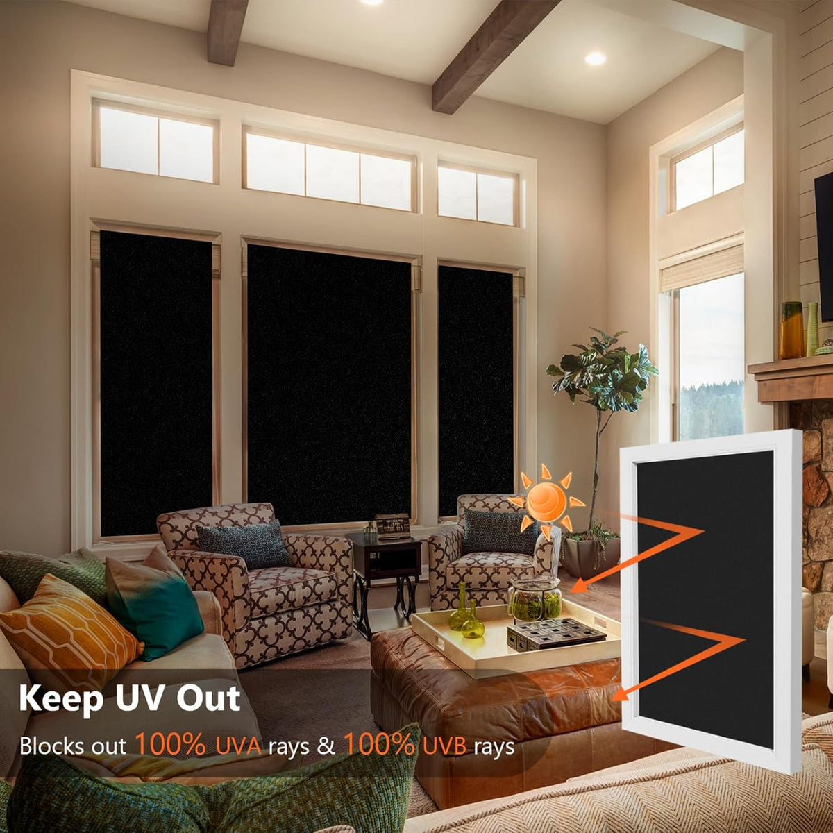Kromapolis Blackout Window Privacy Film Total Light Blocking Room Darkening Window Covering, Removable Static Cling Frosted Glass Tint, Non-Adhesive, Black 35.4'' x 314.9''