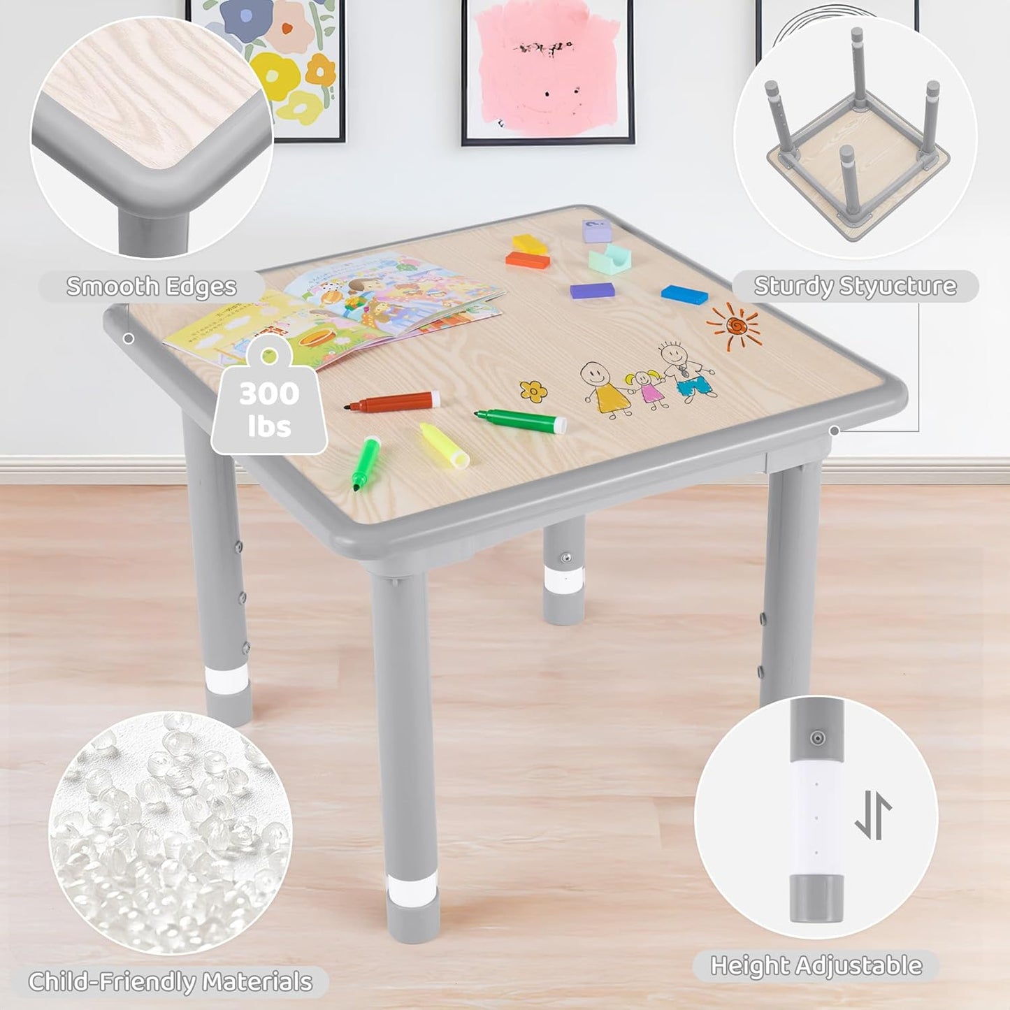 Kids Table and 2 Chairs Set, Height Adjustable (17.7"-26.1") Toddler Table and Chair Set, Multi-Activity Table with Graffiti Desktop, Children’s Table and Chairs for Classroom, Home & Daycare