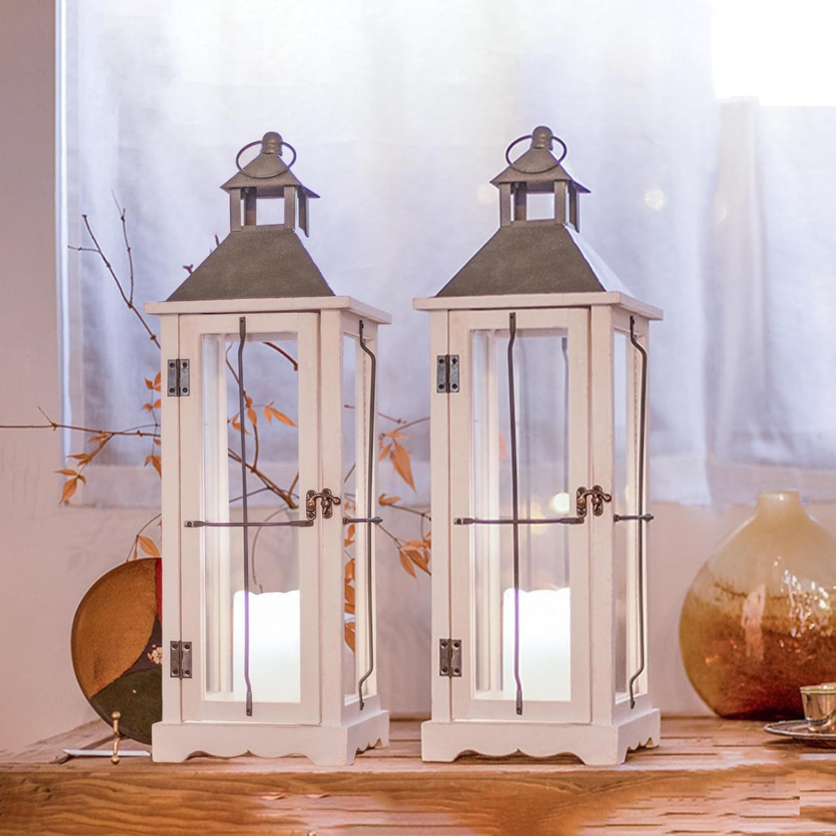 Bdor 2 Pack 26in Farmhouse White Waterproof Wood Metal Decorative Lanterns with Remote Control, Timer, Tempered Glass, Flameless Pillar Candles, Decorative Lanterns for Front Porch, Wedding