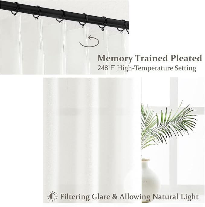 Cute Pinch Pleat Pure White Sheer Curtains 63 Inch Length 2 Panels Set - Image 3