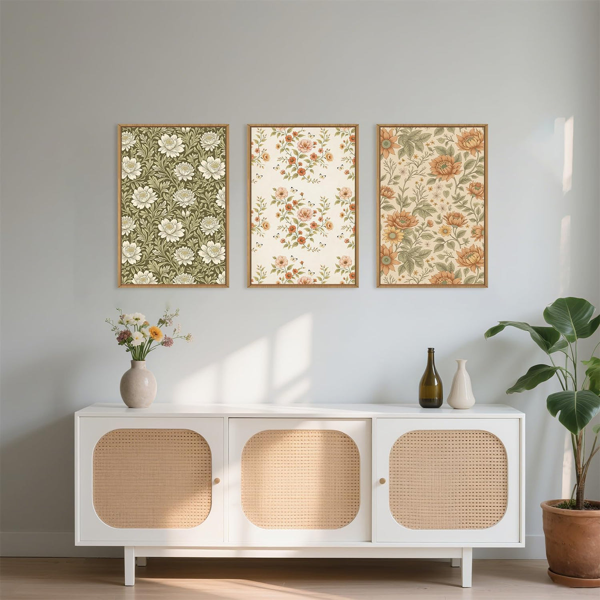 Vintage Pastoral Floral Framed Canvas Wall Art Set, Boho Colorful Flower Wall Decor, Peony Wildflower Wall Painting, Retro Botanical Art Prints for Living Room, Bedroom, Office - 16"X24"X3