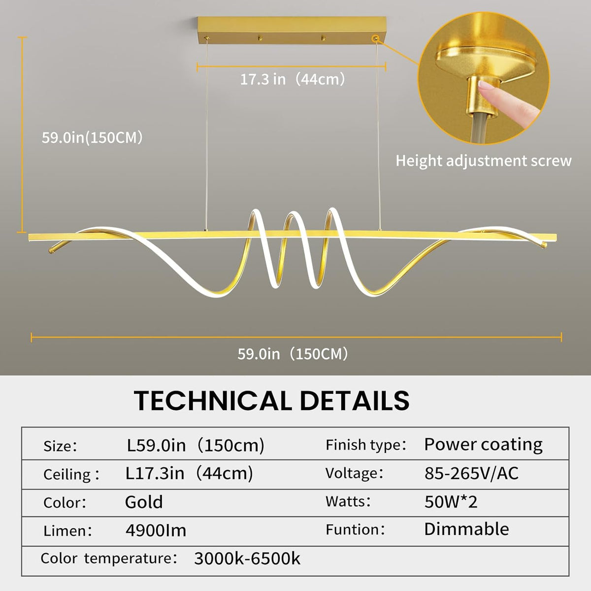 Modern Design Dimmable Desk Linear Pendant Light, with Remote Control Dimmable 3 Color Mode & Brightness Ceiling Lamp, Anti-Flicker Dining Light Fixture for Kitchen, Dining Room (Gold, 57IN)