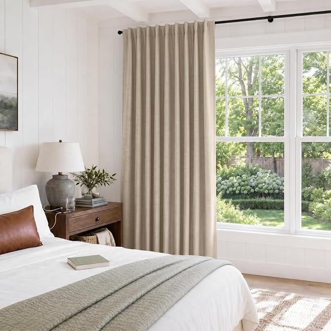 Linen Textured Total Blackout Sliding Door Curtains 90 Inches Long, Oatmeal | - Image 5