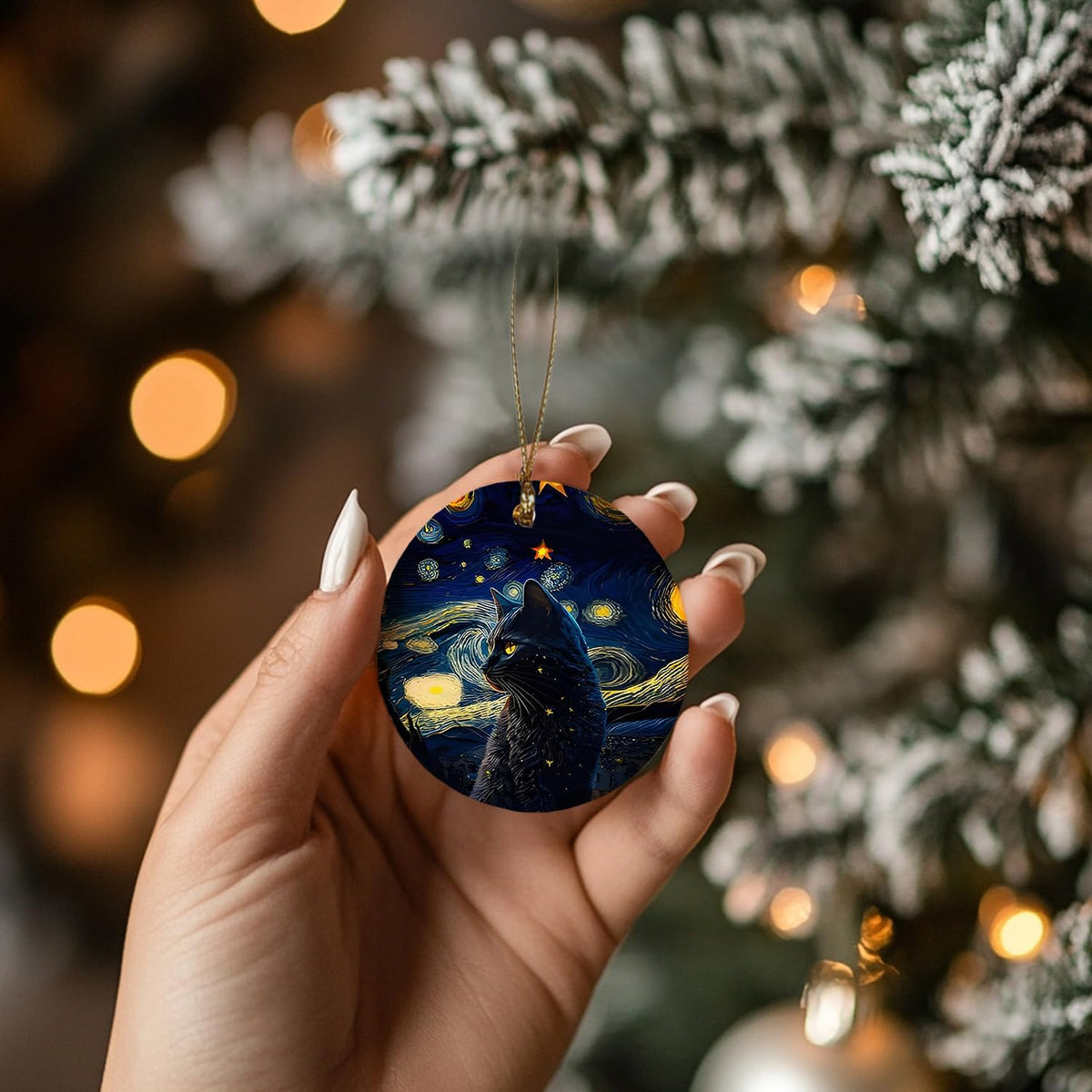 Black Cat Christmas Ornaments,Christmas Cat Gifts for Cats Mom Women,Starry Night Ceramic Hanging Ornaments
