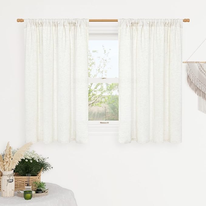 Natural Linen Curtains for Kitchen Windows Over Sink, 42 x 48 Inch | Faux Linen by LAMIT