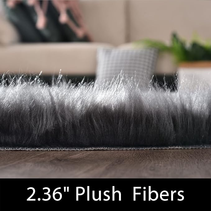 Latepis Dark Grey Round Area Rugs 8 ft Large Faux Sheepskin Fur Fluffy Washable - Image 2