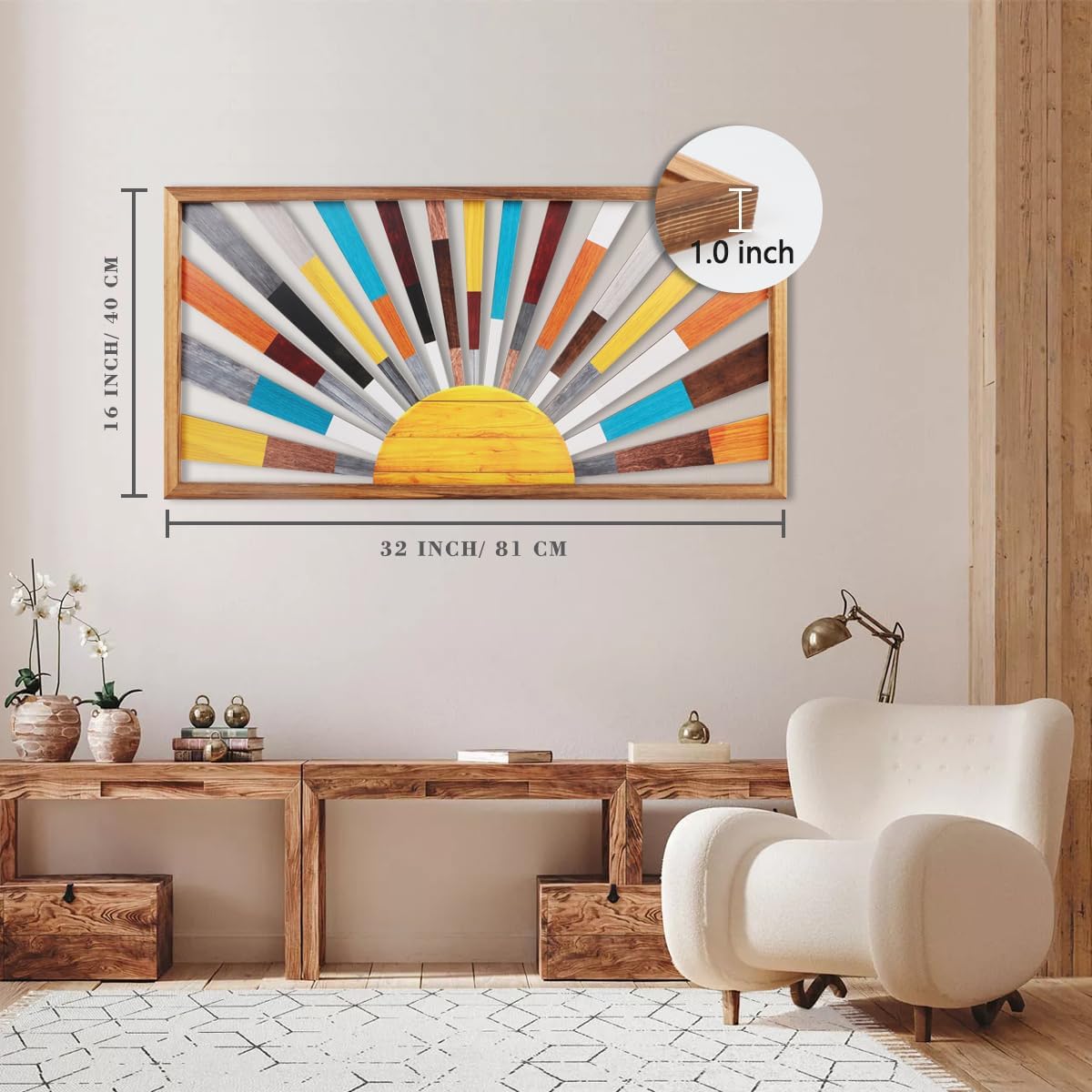 IARTTOP Large Boho Sun Wall Art Framed Wooden Art Wall Decor Rainbow Sun Rising On The Horizon Geometric Line Sunshine Wall Art for Living Room Bedroom Office 16"x32"