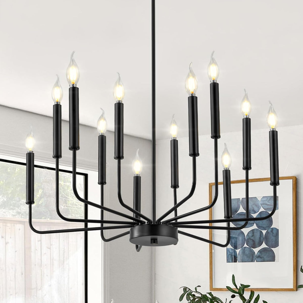 Modern Black Farmhouse Chandeliers, 12-Light Industrial Metal Chandelier Lighting, Classic Candle Hanging Pendant Light Fixtures for Living Room, Dining Room, Kitchen, Bedroom, Entryway