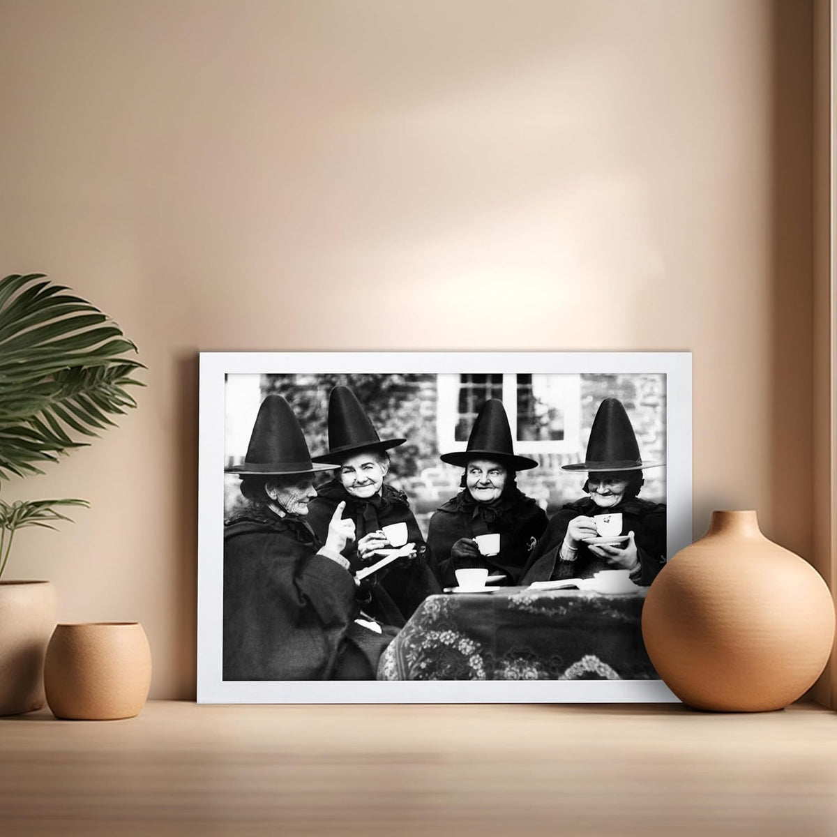 Poster Master Classic Photograph Poster - Vintage Halloween Print - Gift for Artist, Friend - Witches Tea Party, Old Women Smiling, Wearing Robes - Wall Decor for Living Room, 16x20 White Framed