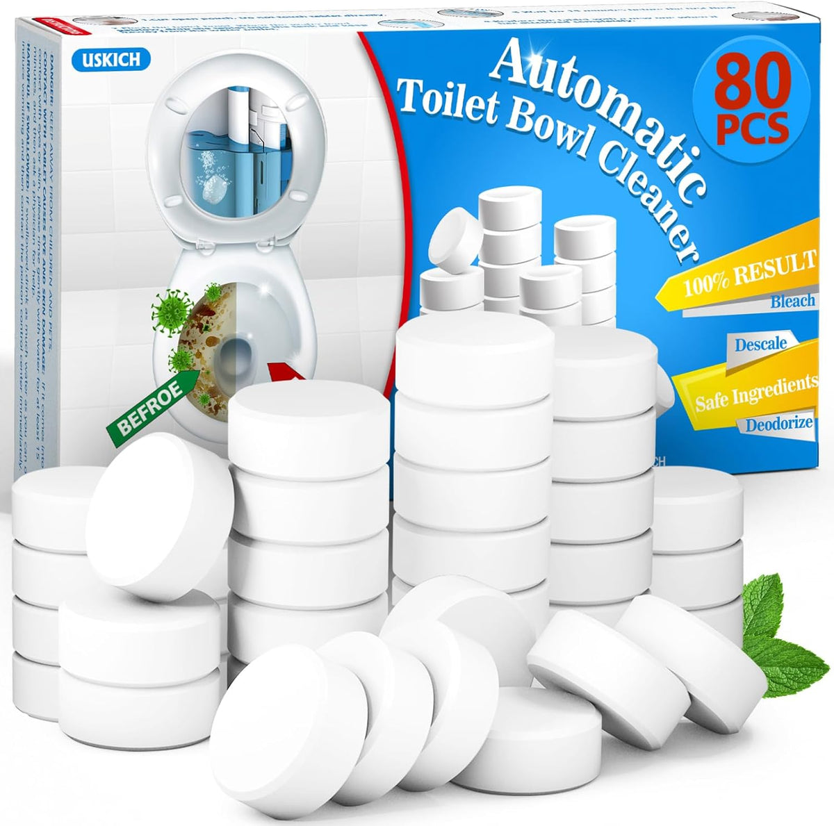 USKICH Toilet Bowl Cleaner - 80 PACK, Household Automatic Toilet Bowl Cleaners with Bleach, Bathroom Toilet Tank Cleaners Tablets with Sustained-Release Technology for Against Tough Stains
