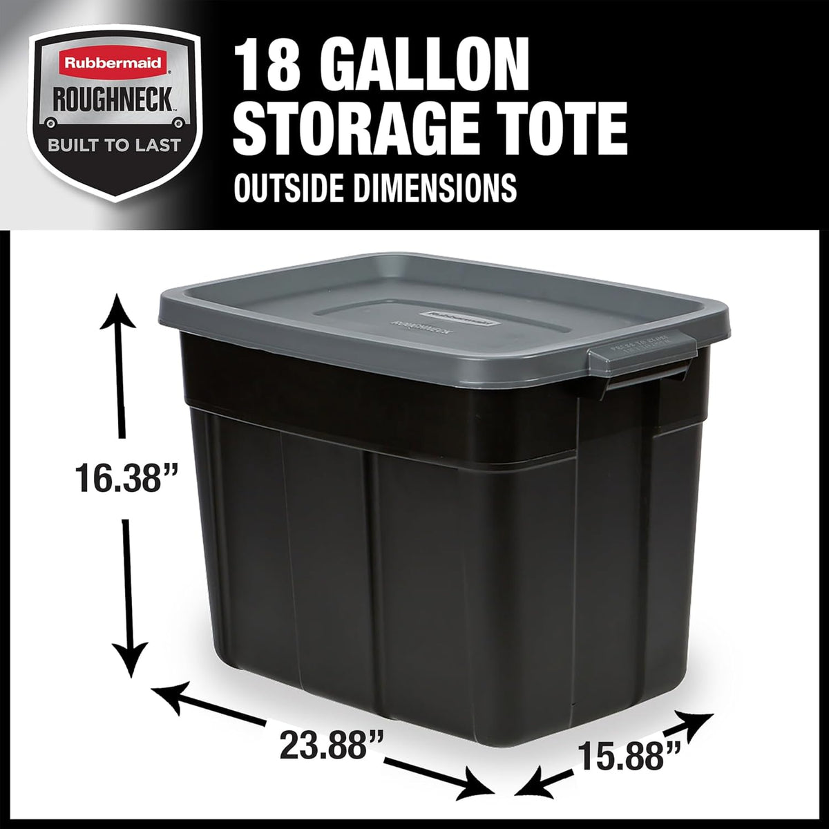 Rubbermaid Roughneck Tote 18 Gal, 6 Pack, Made in USA, Black & Gray, Rugged Plastic Stackable Storage Bins with Lids and Handles