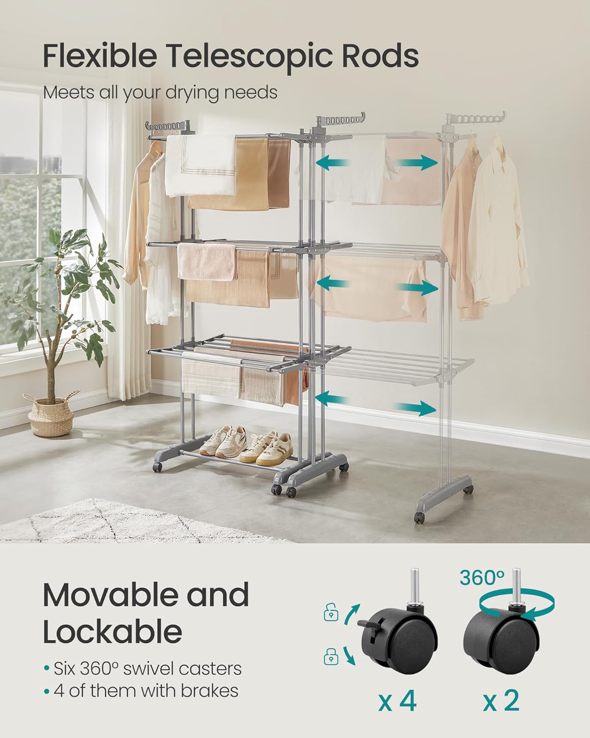 SONGMICS Clothes Drying Rack 4-Tier, Foldable Laundry Drying Rack 69.9-Inch Tall, Extendable Rods, Stainless Steel, Rolling Clothes Horses, Clothes Airer, Indoor Outdoor Use, Dove Gray ULLR704G01