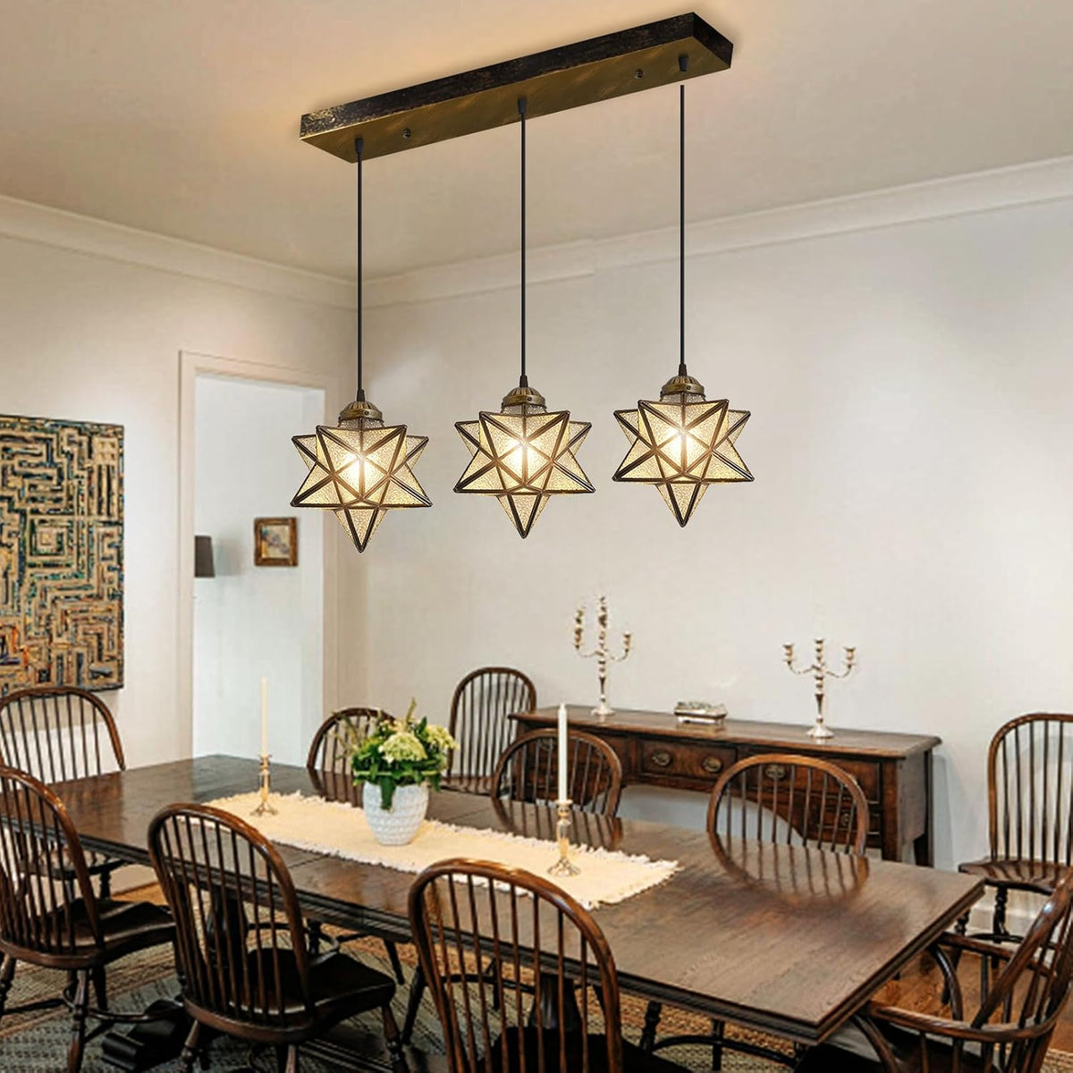 Glass Glam Chandelier 3 Lights Star Pendants Light Fixture for Dining Table Kitchen Island Modern Ceiling Hanging Lights Included LED Warm Light Bulbs Oiled Bronze