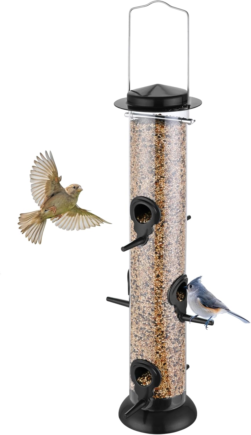 Bird Feeders for Outdoors Hanging,Finch Feeders for Outside,Chew-Proof Hanging Bird Feeder,Rust-Proof Birdfeeder,Squirrel Proof 6 Ports Metal Bird Feeder,14 Inch,1 Pack,Black