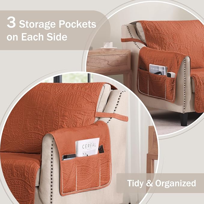 Burnt Orange Sofa Covers with Pockets, Anti-Slip Medallion Couch Covers - Image 5